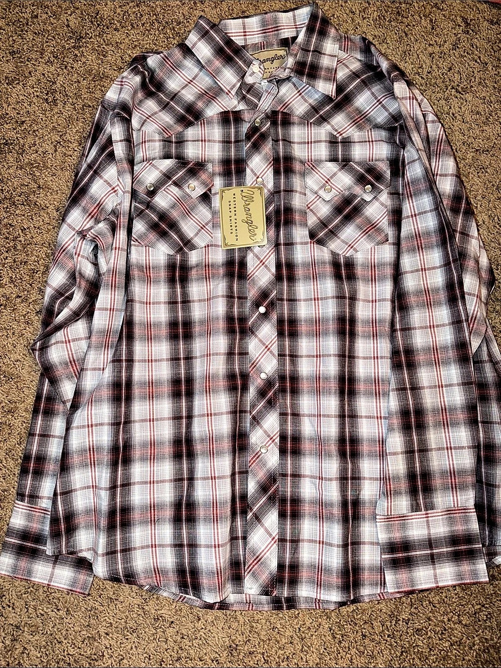 Wrangler Western Fashion Shirt Plaid Snap-Front Shirt in Gray & Red XL NWT